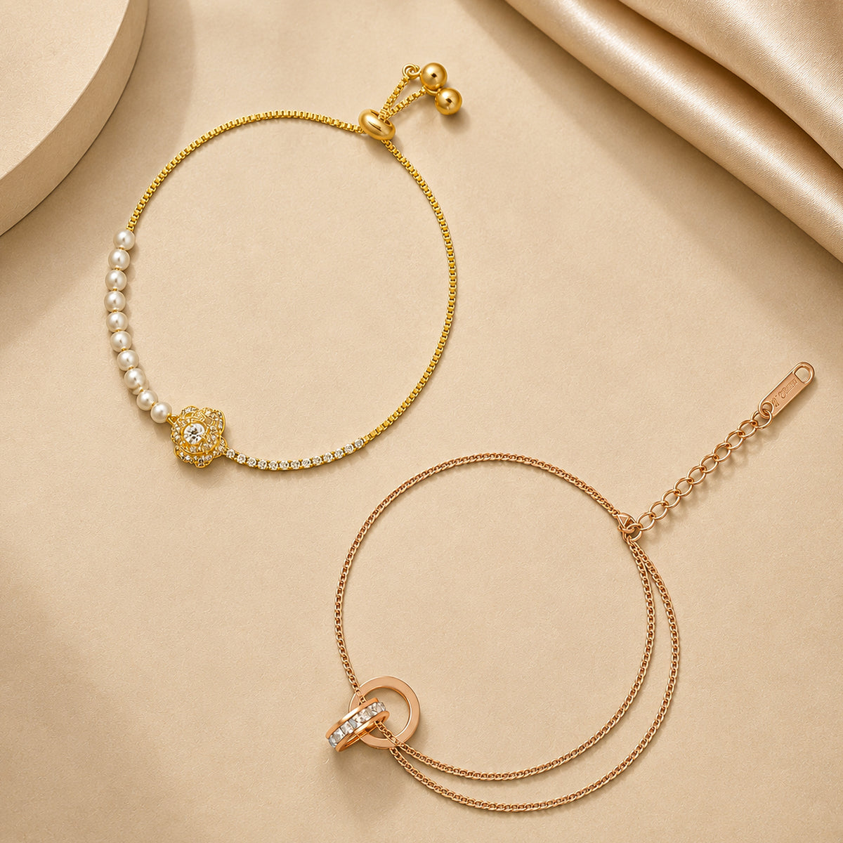 Floral Pearl Bracelet & Interlocking Ring Anklet