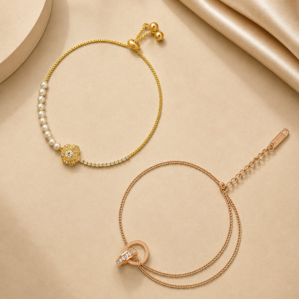 Floral Pearl Bracelet & Interlocking Ring Anklet