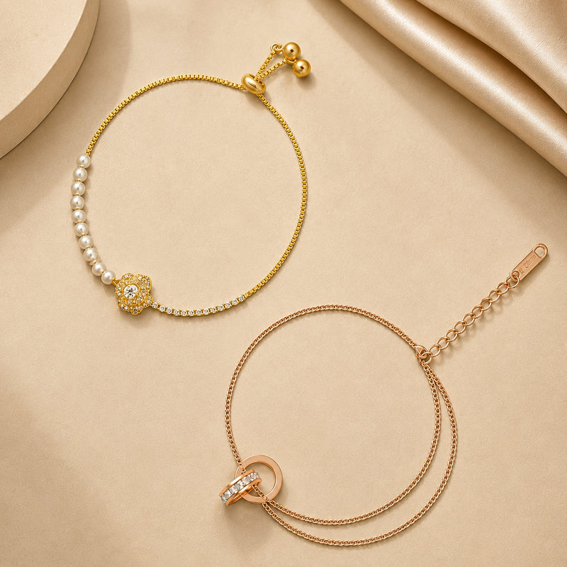 Floral Pearl Bracelet & Interlocking Ring Anklet