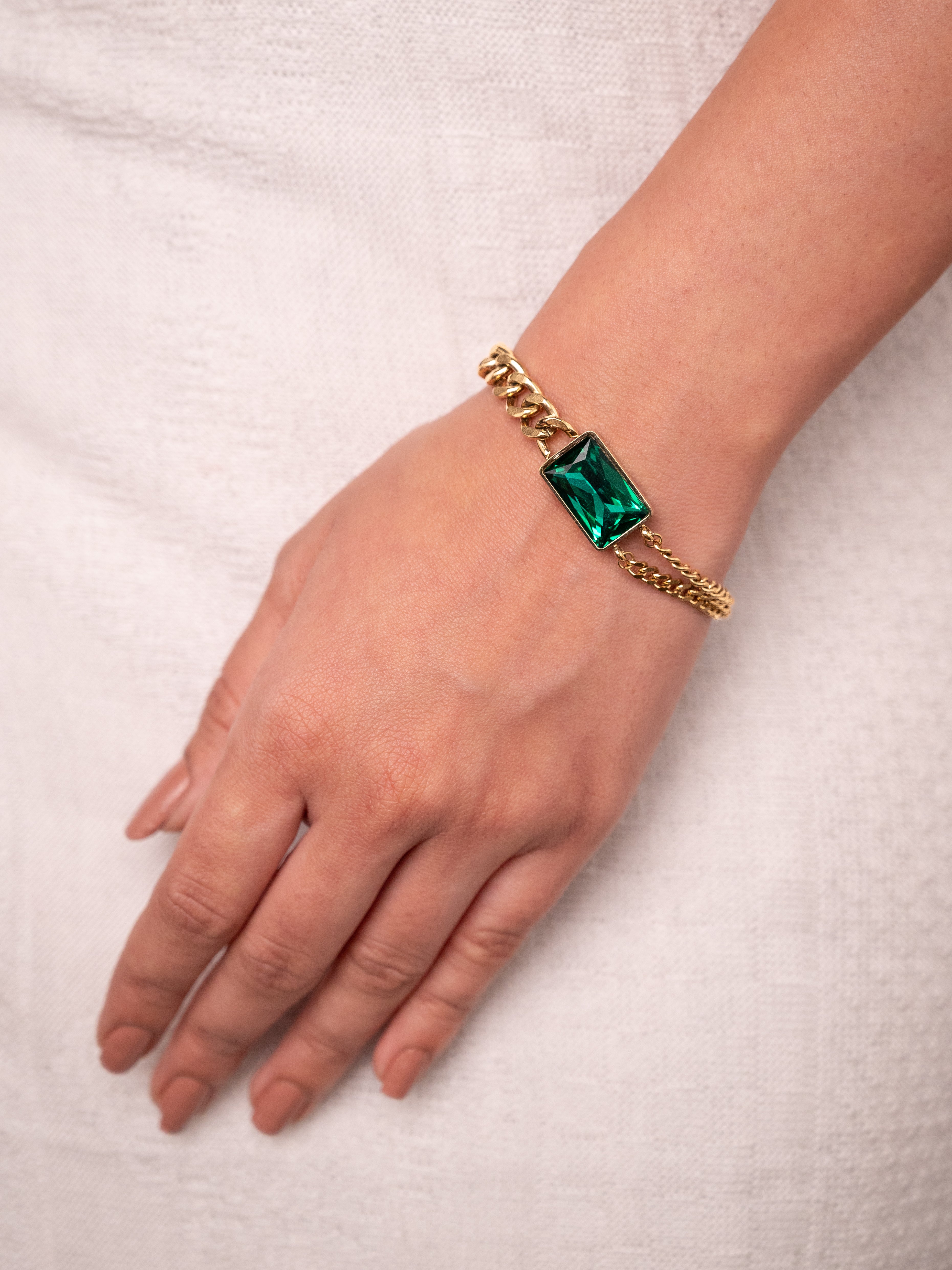Green Stone Link Chain Bracelet| 18k Gold Plated