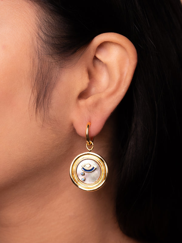 Gold Mother of Pearl Evil Eye Drop Hoop