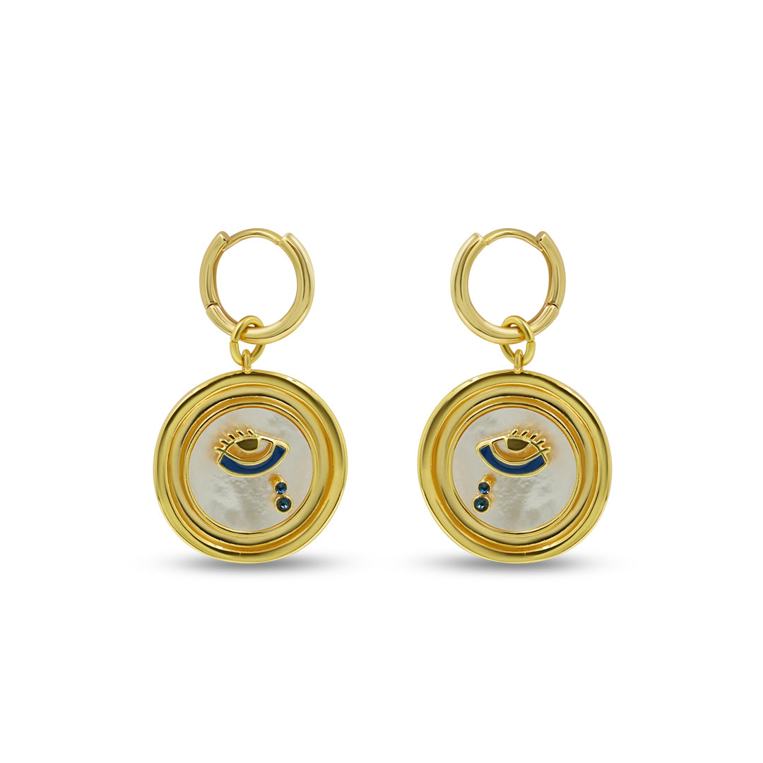 Gold Mother of Pearl Evil Eye Drop Hoop