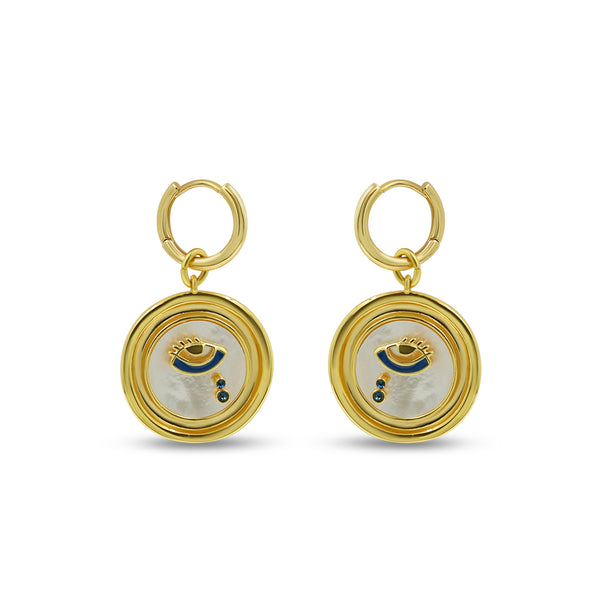 Gold Mother of Pearl Evil Eye Drop Hoop
