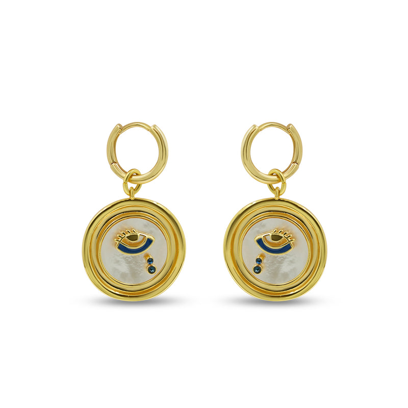 Gold Mother of Pearl Evil Eye Drop Hoop