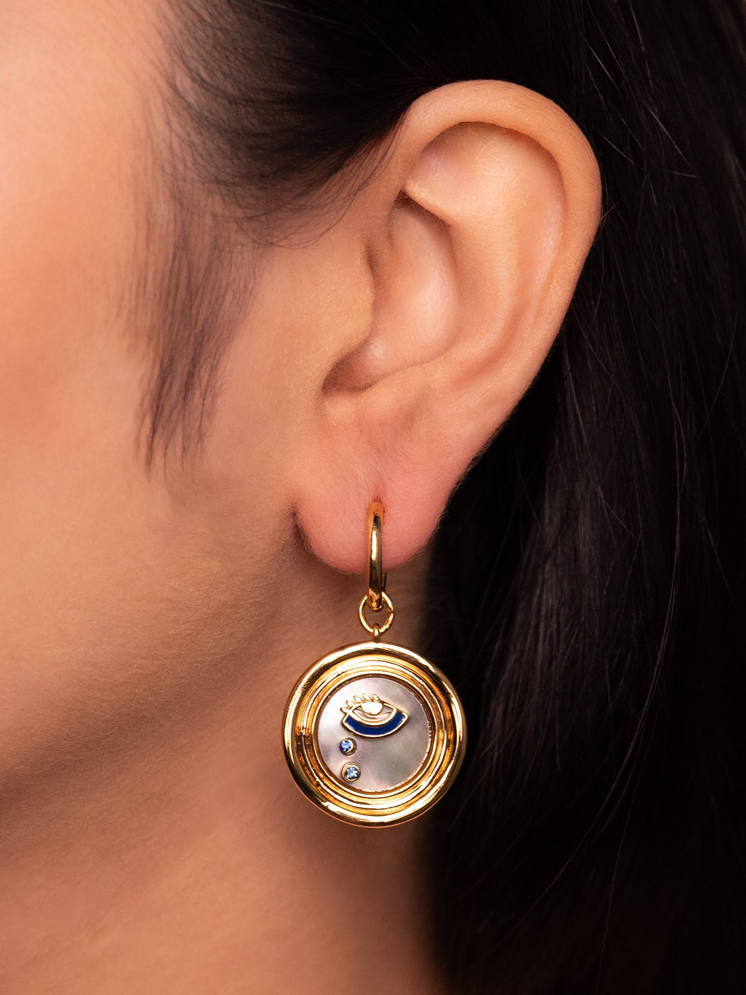 Gold Mother of Pearl Evil Eye Drop Hoop