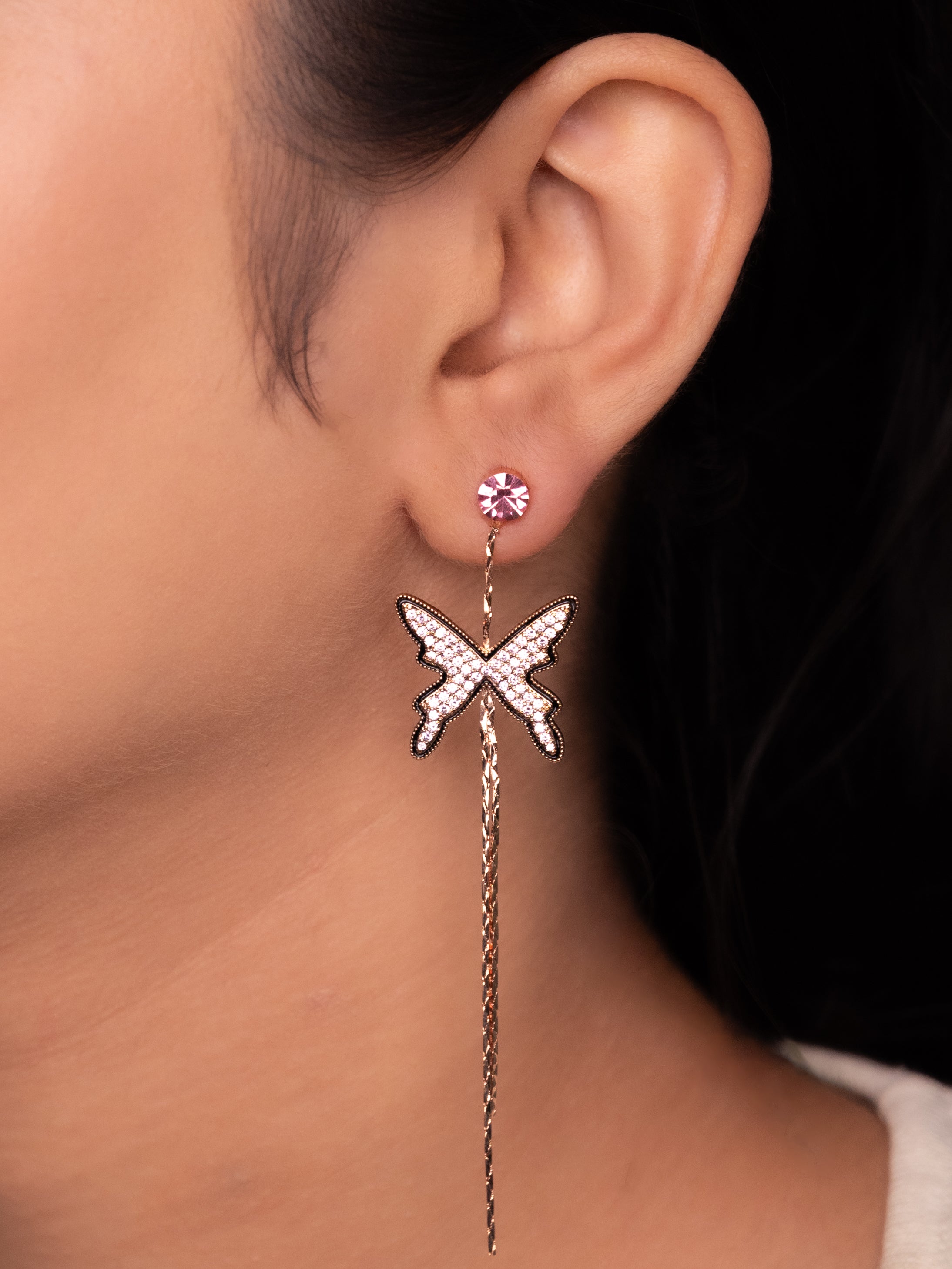 Long Chain With Butterfly Stud Dangle Earrings