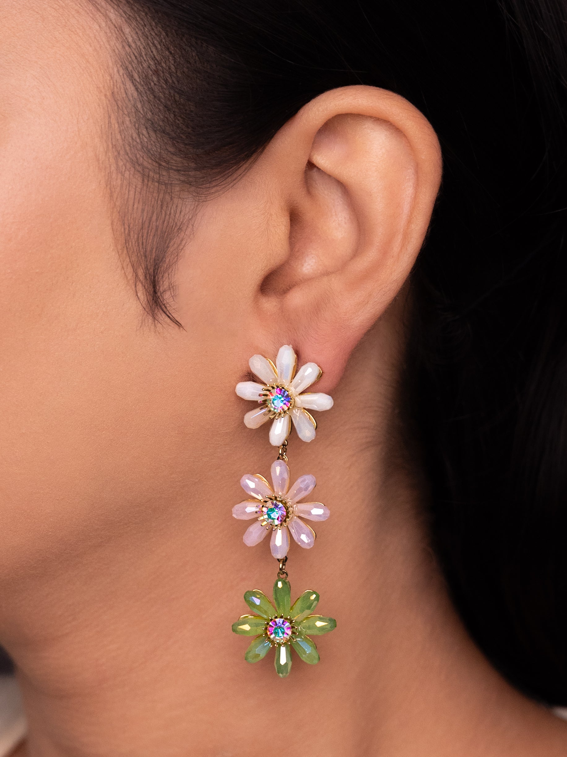 Three Flower Long Earrings