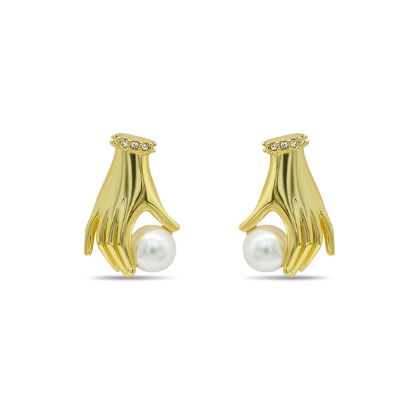 Gold Hand Holding Pearl Stud