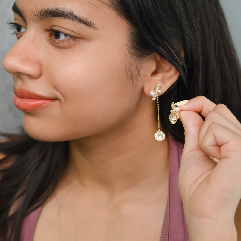 Asymmetrical Gold & Diamond with Pearl