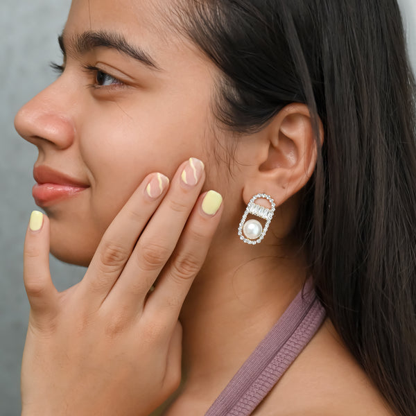 Pearl & Diamond Oval Stud