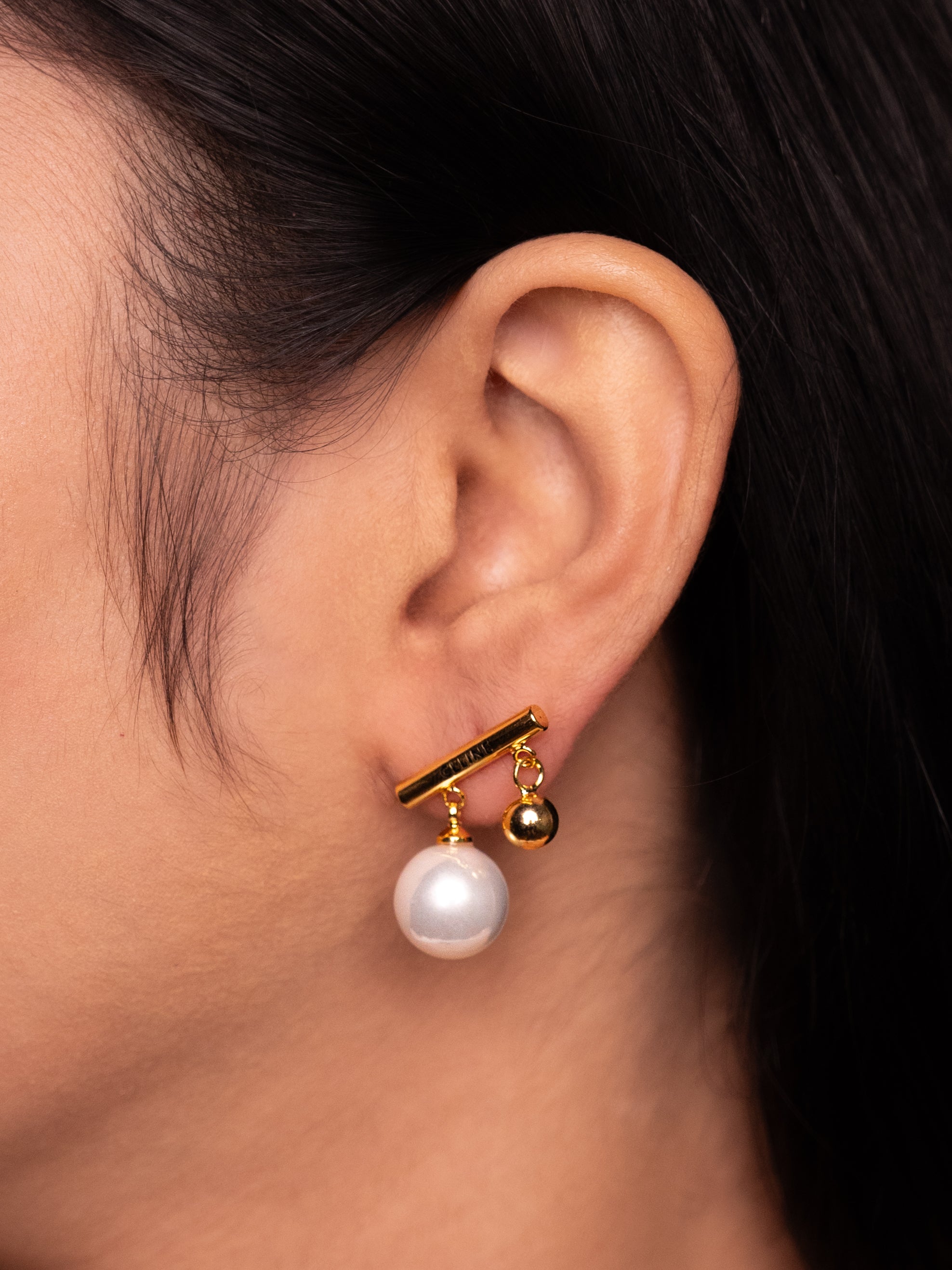 Geometric Alloy Pearl Stud Earrings | 18k Gold Plated