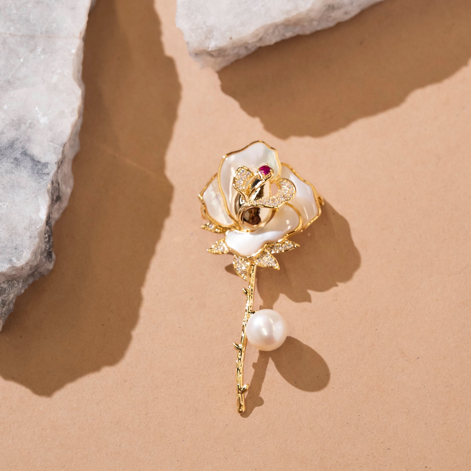 Pearl Rose Flower Brooch Pin | 18k Gold Plated