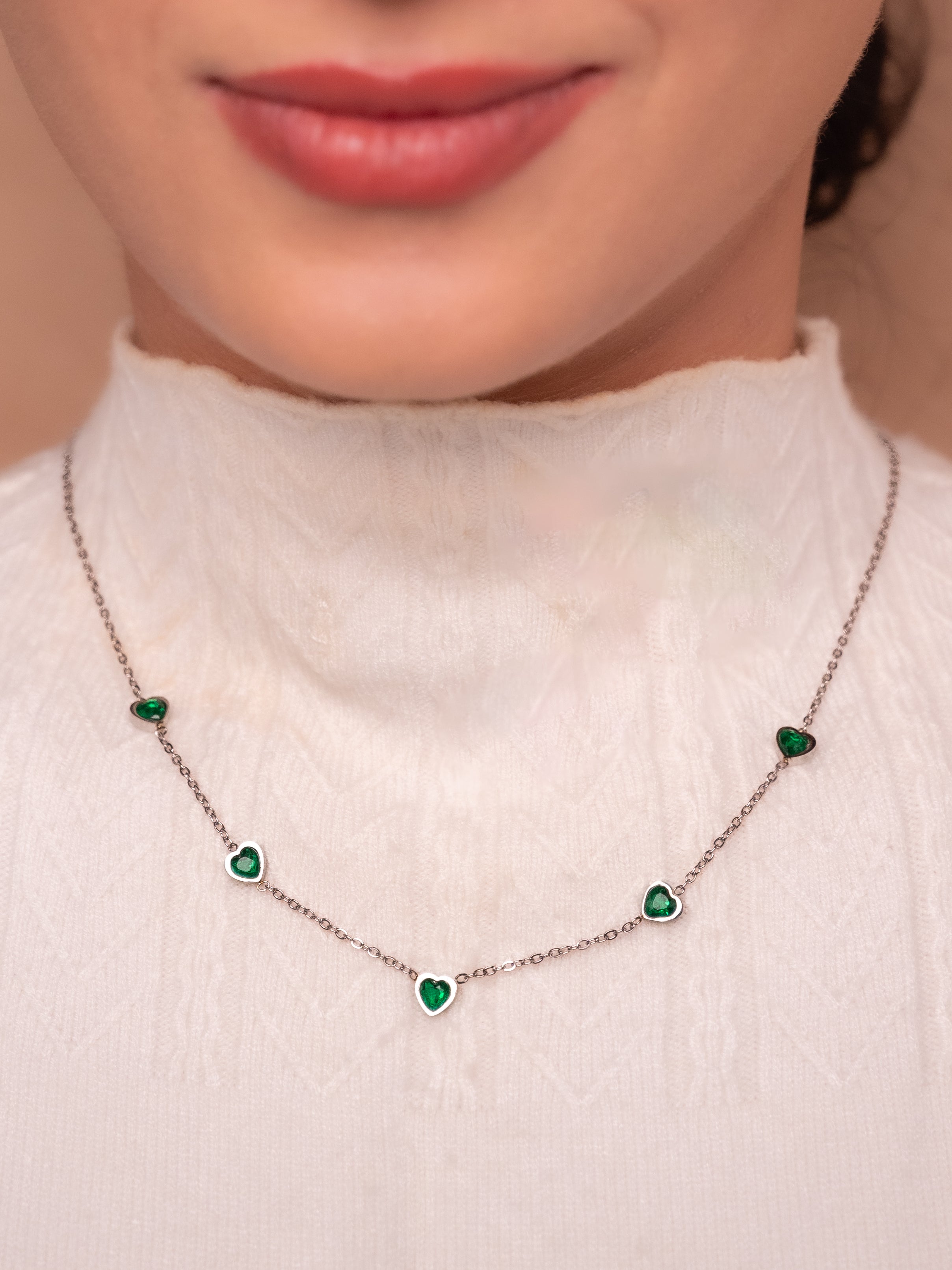 Green Hearts Silver Chain Necklace | Silver Finish