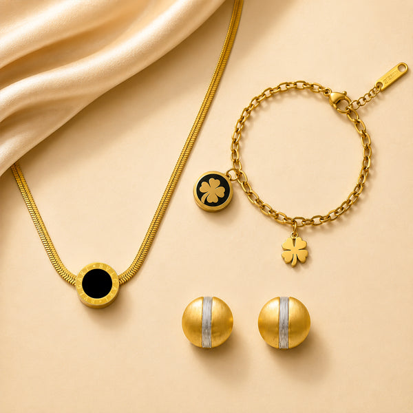 Medallion, Clover Anklet & Dome Stud Jewellery Trio