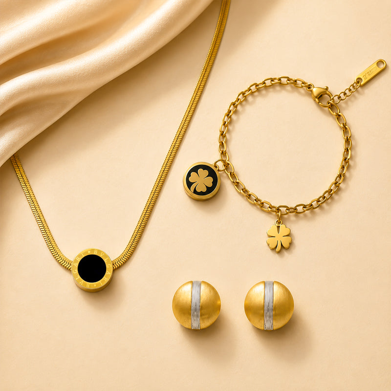 Medallion, Clover Anklet & Dome Stud Jewellery Trio