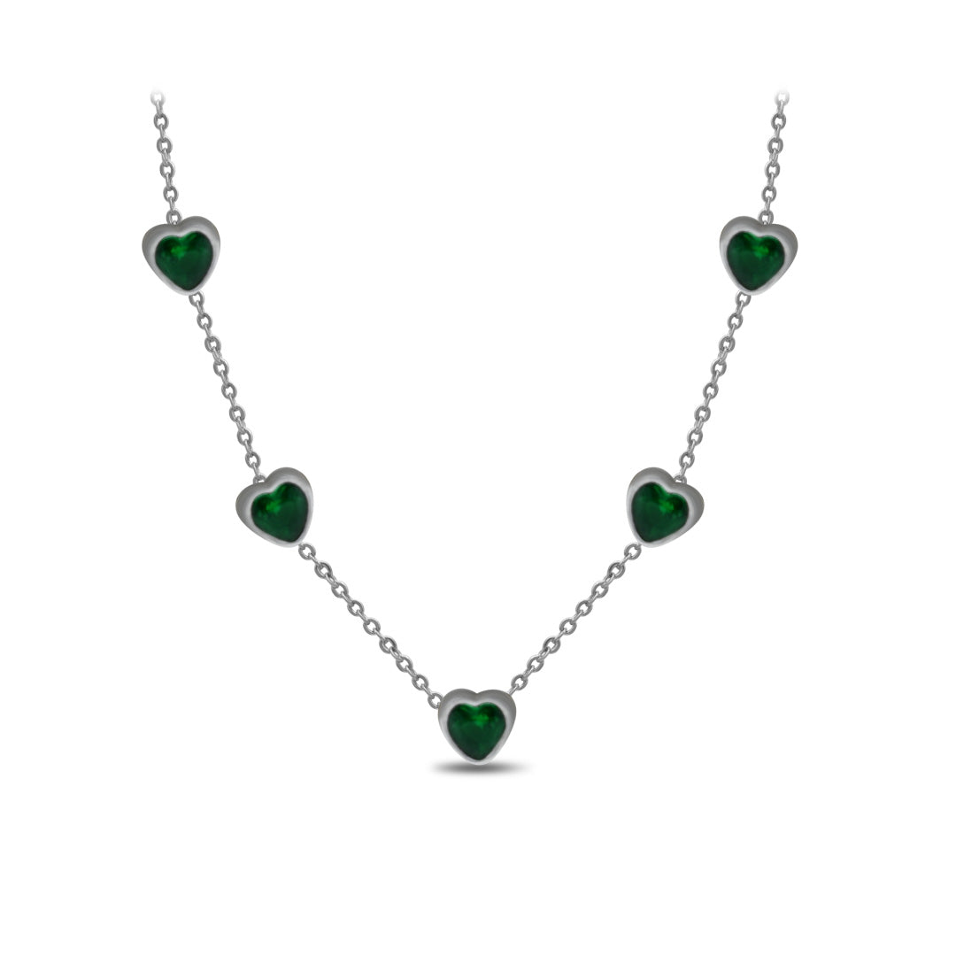 Green Hearts Silver Chain Necklace | Silver Finish