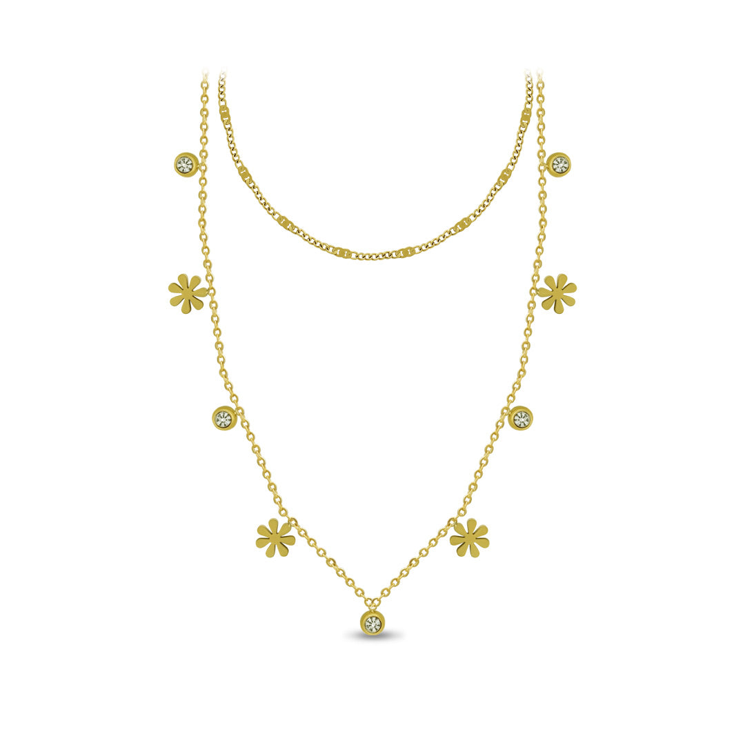 Double Layer Flower Ball Charms Chain Necklace | 18k Gold Plated