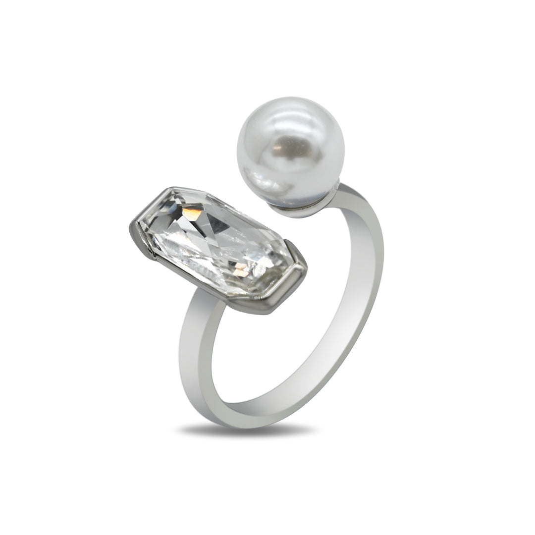 Pearl with Clear Stone Ring | Silver Polish