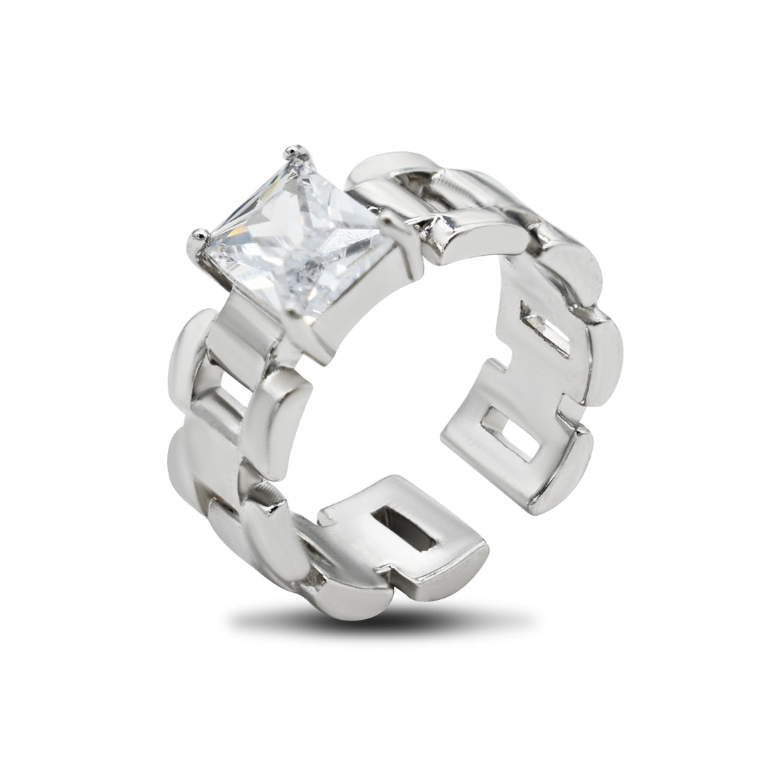 Chain-Shaped Square CZ Ring | Silver Polish