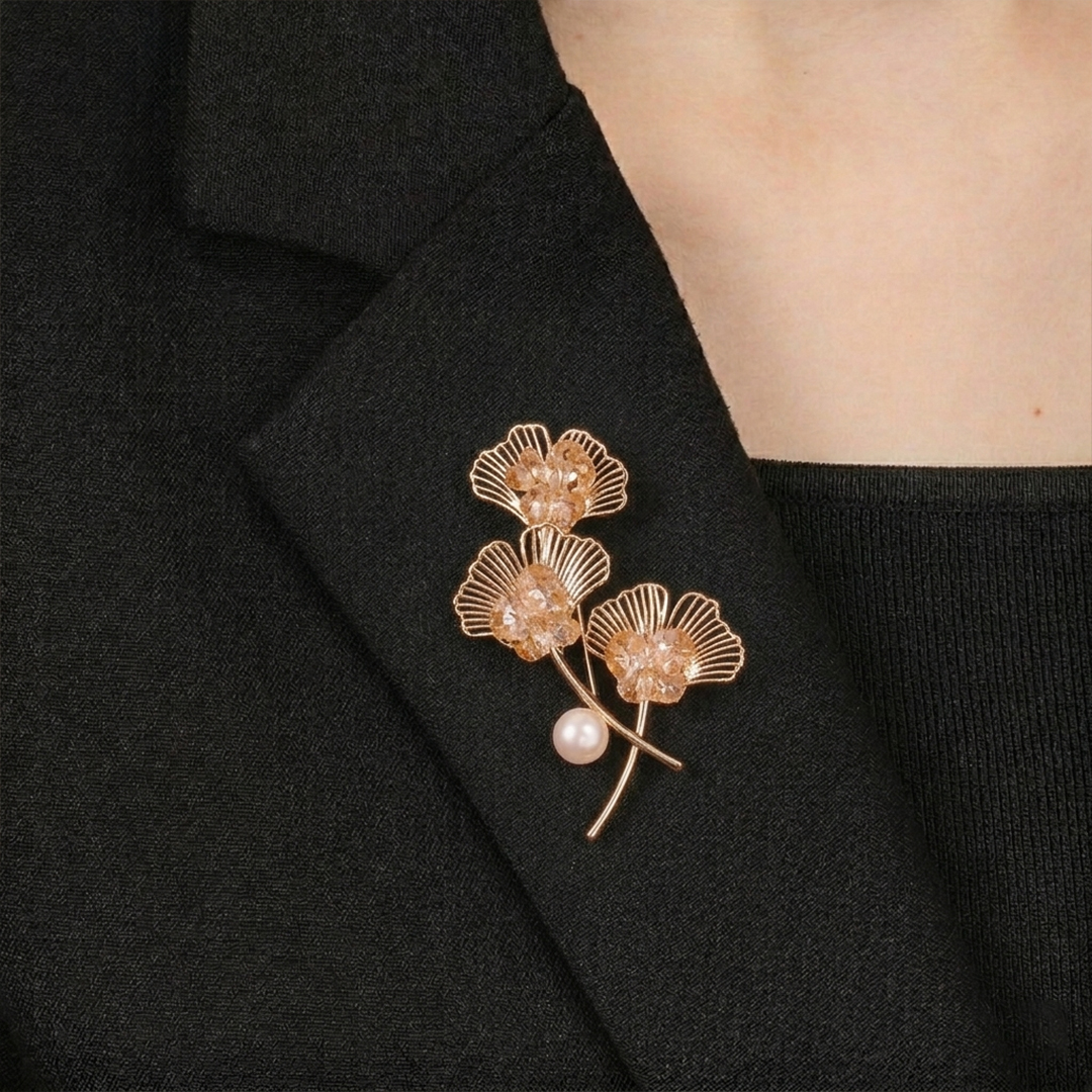 Ginkgo Leaf Crystal Brooch