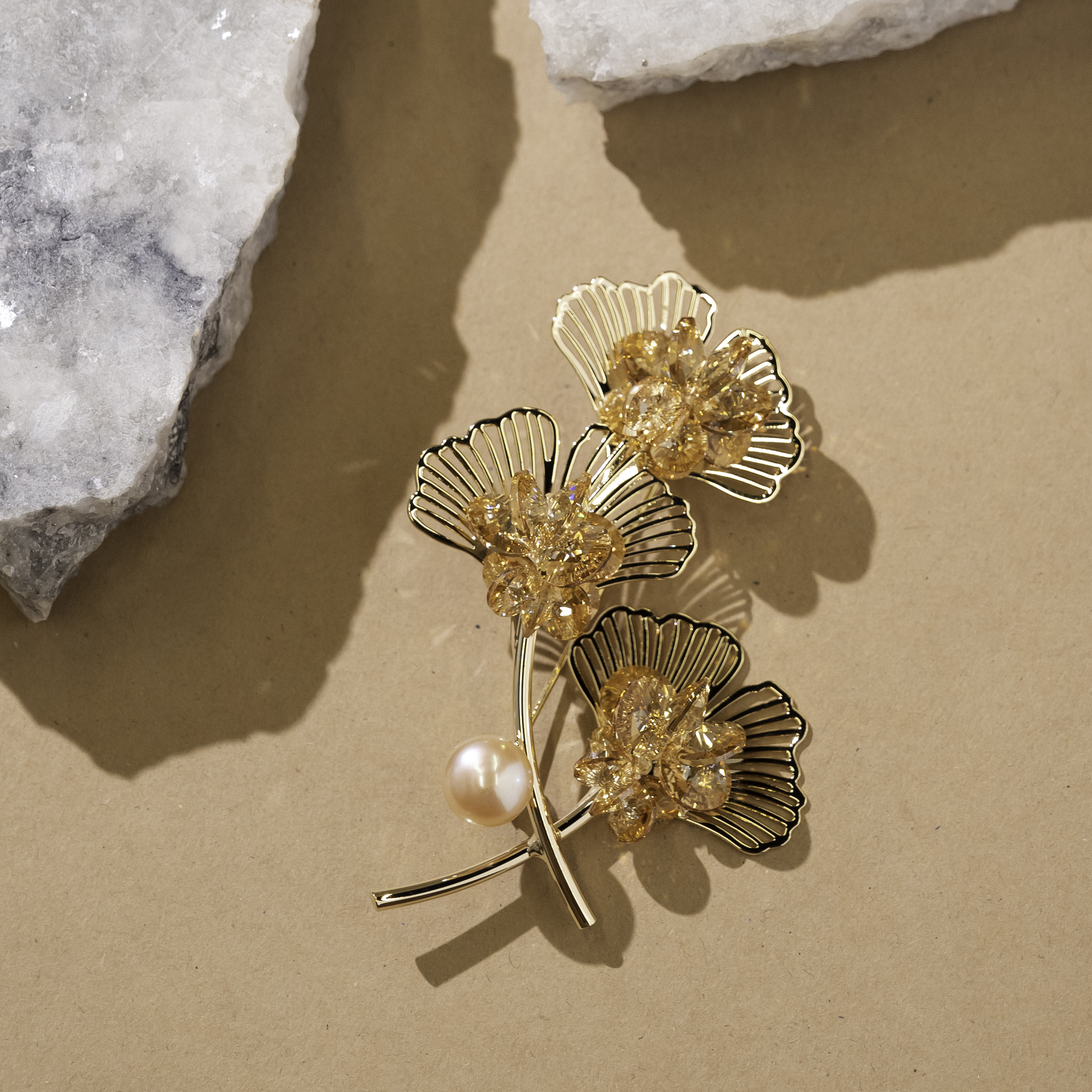 Ginkgo Leaf Crystal Brooch