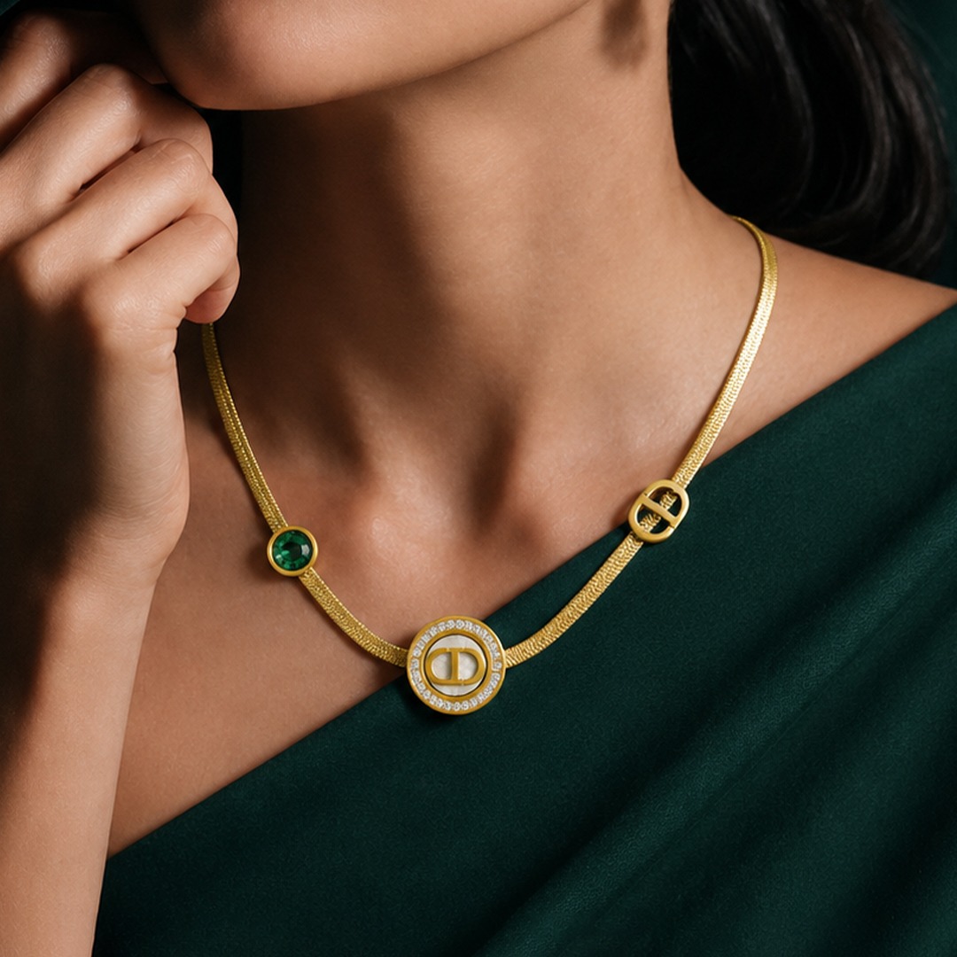 Medallion & Emerald Accent Herringbone Necklace