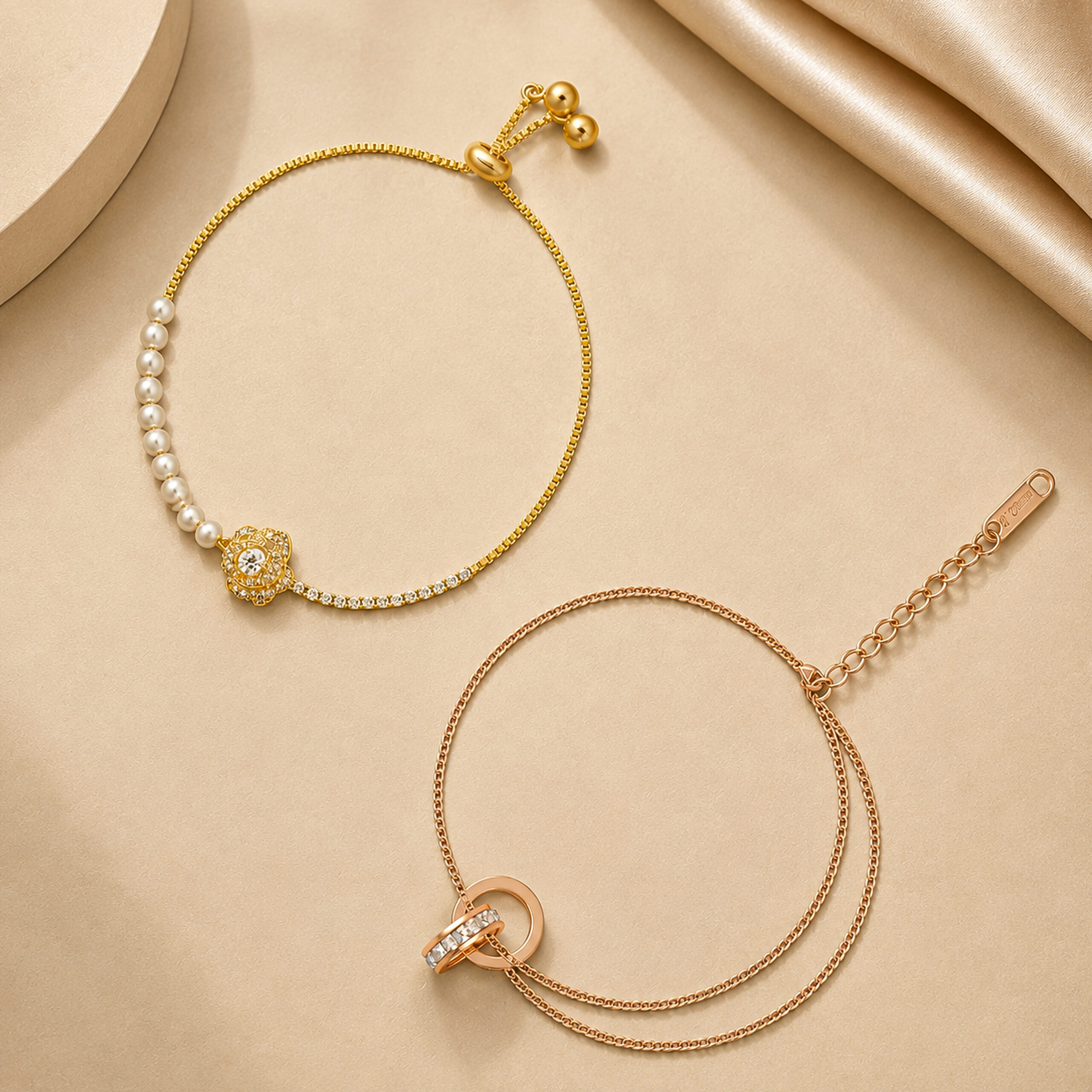 Floral Pearl Bracelet & Interlocking Ring Anklet