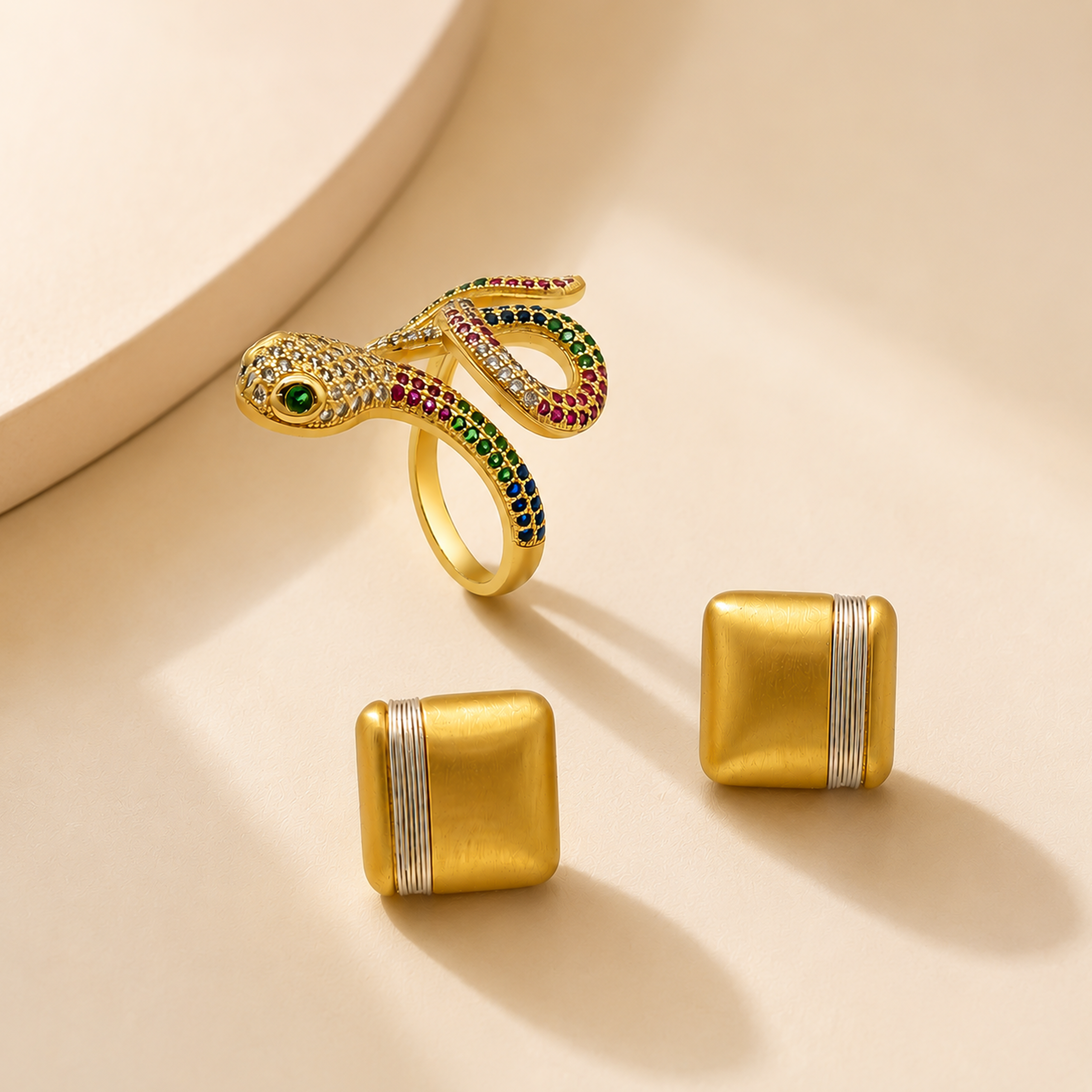 Gold Multicolour Snake Ring & Square Stud Earring