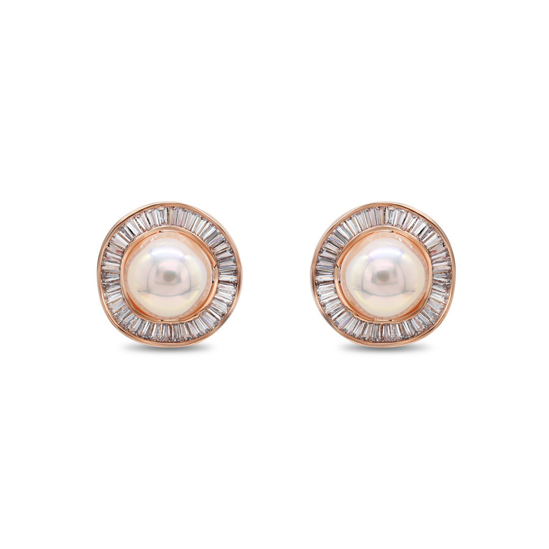 Baguette Halo Pearl Studs