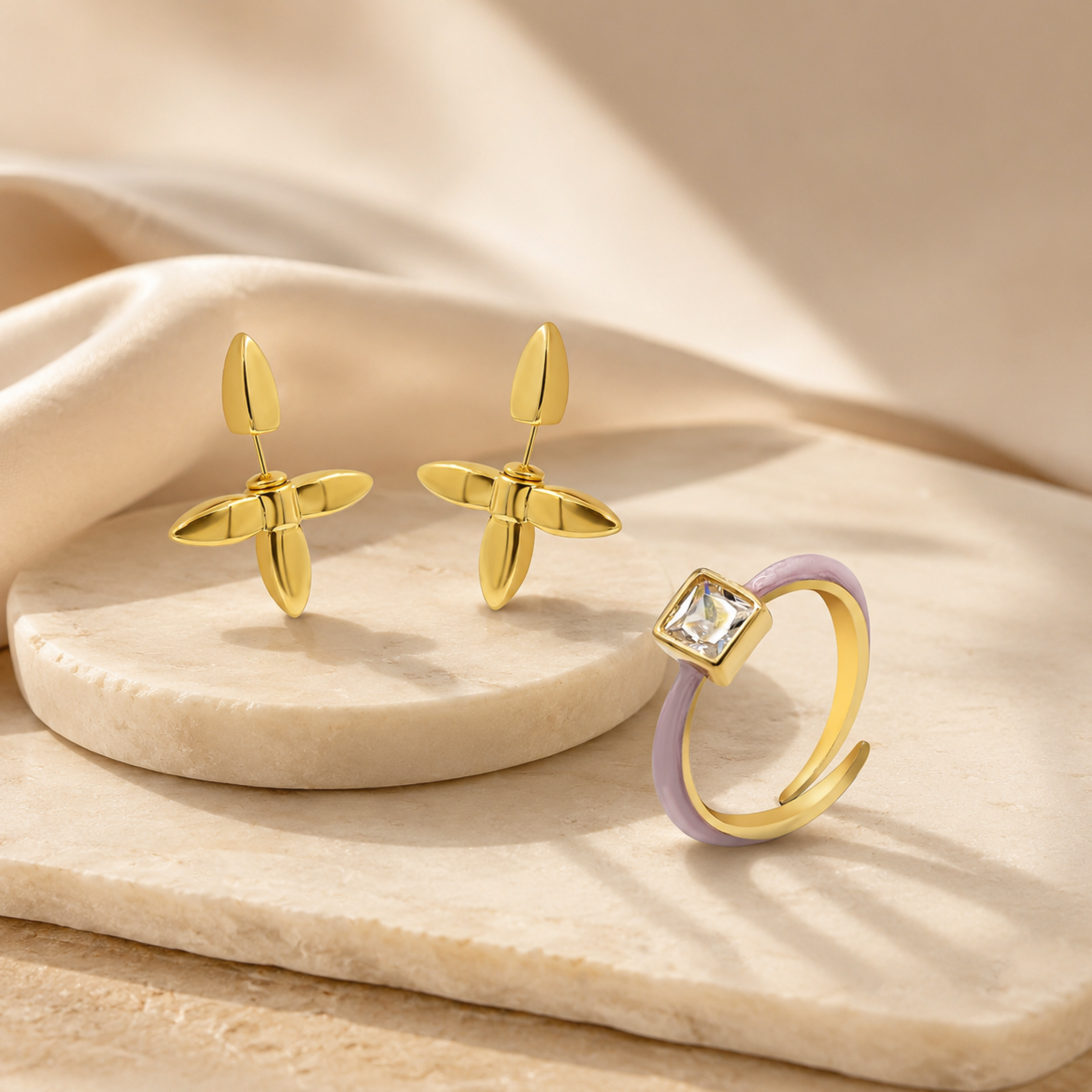 Gold Cross Floral Earrings & Lilac Enamel Ring