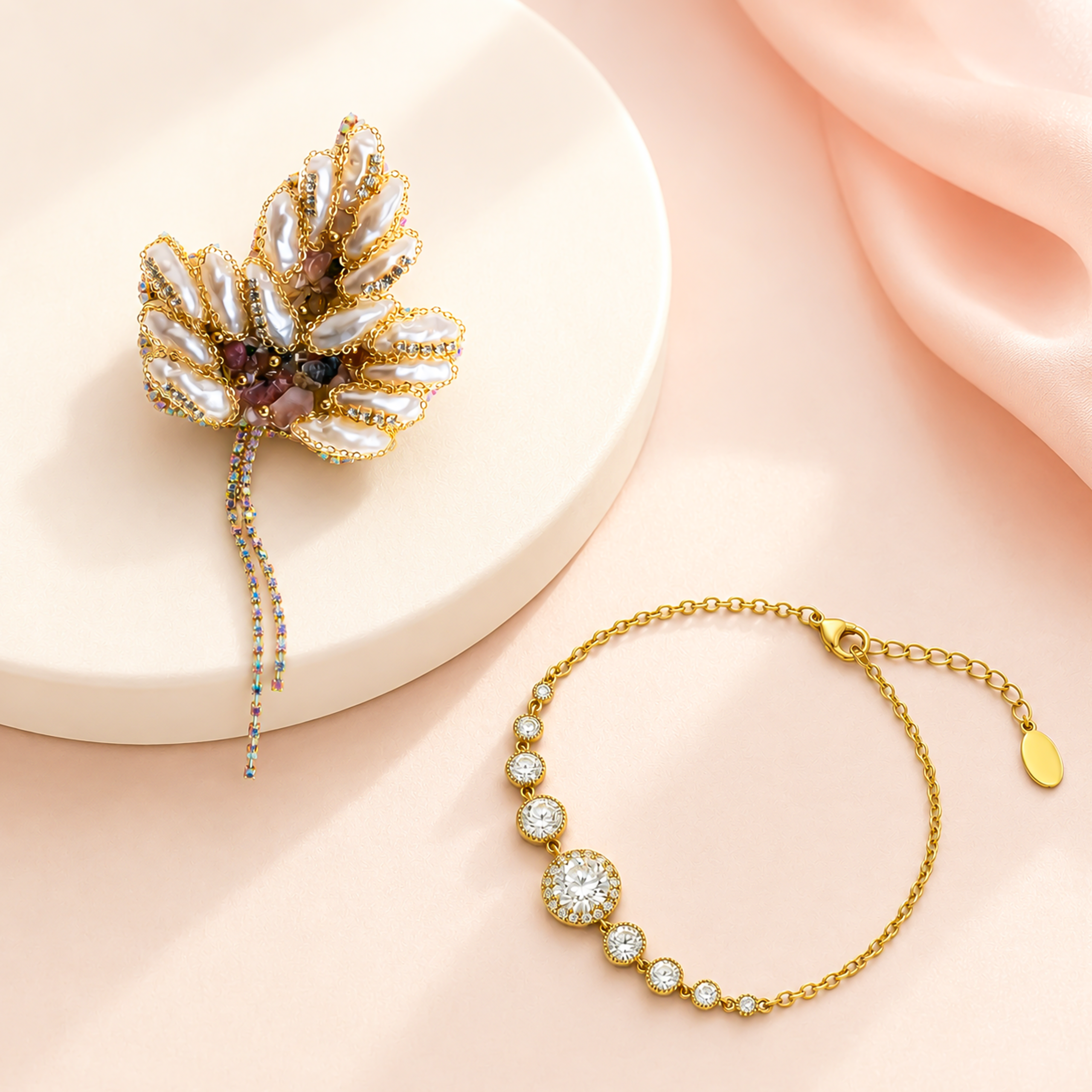 Pearl Leaf Brooch & Graduated Crystal Bracelet