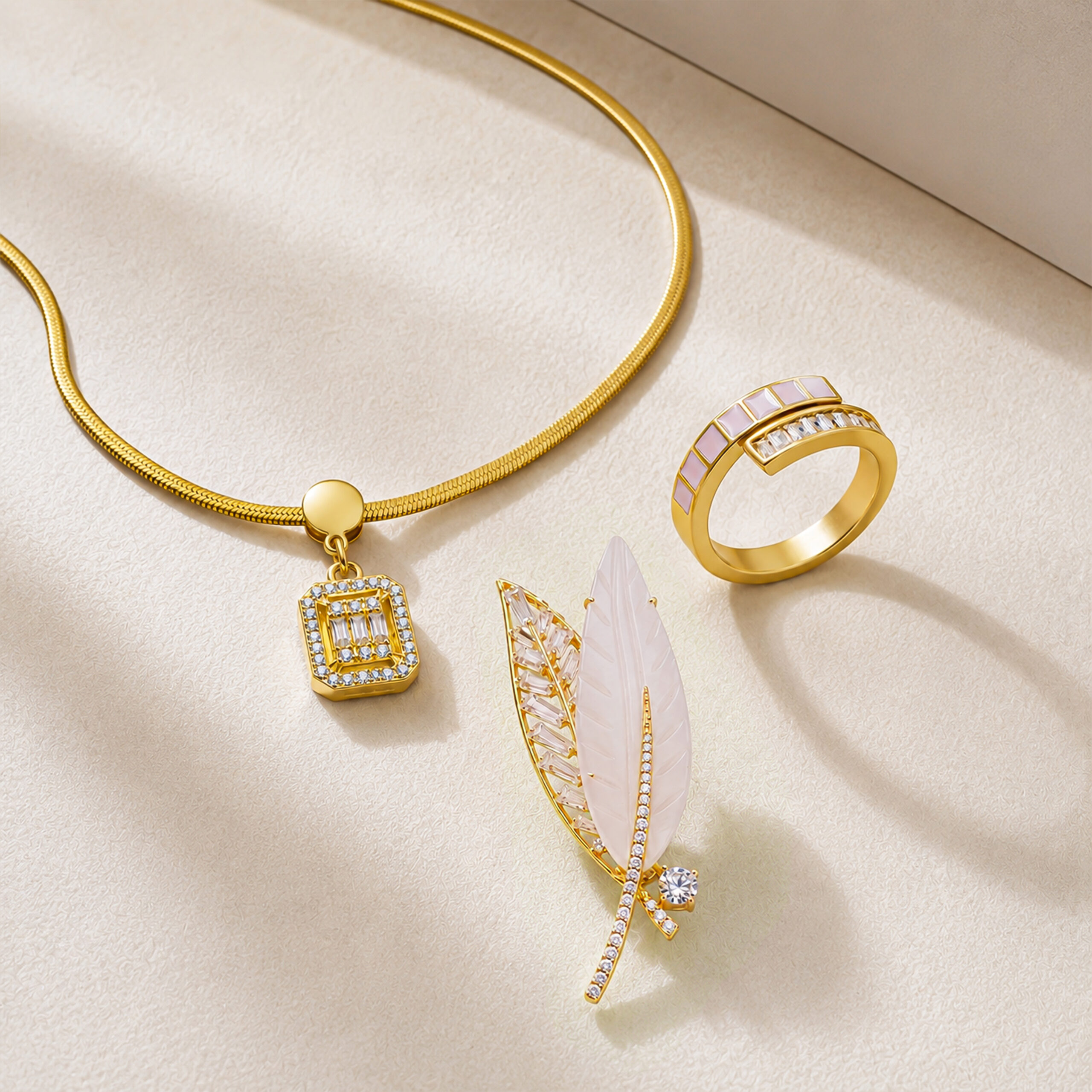 Crystal, Feather & Pink Enamel Trio