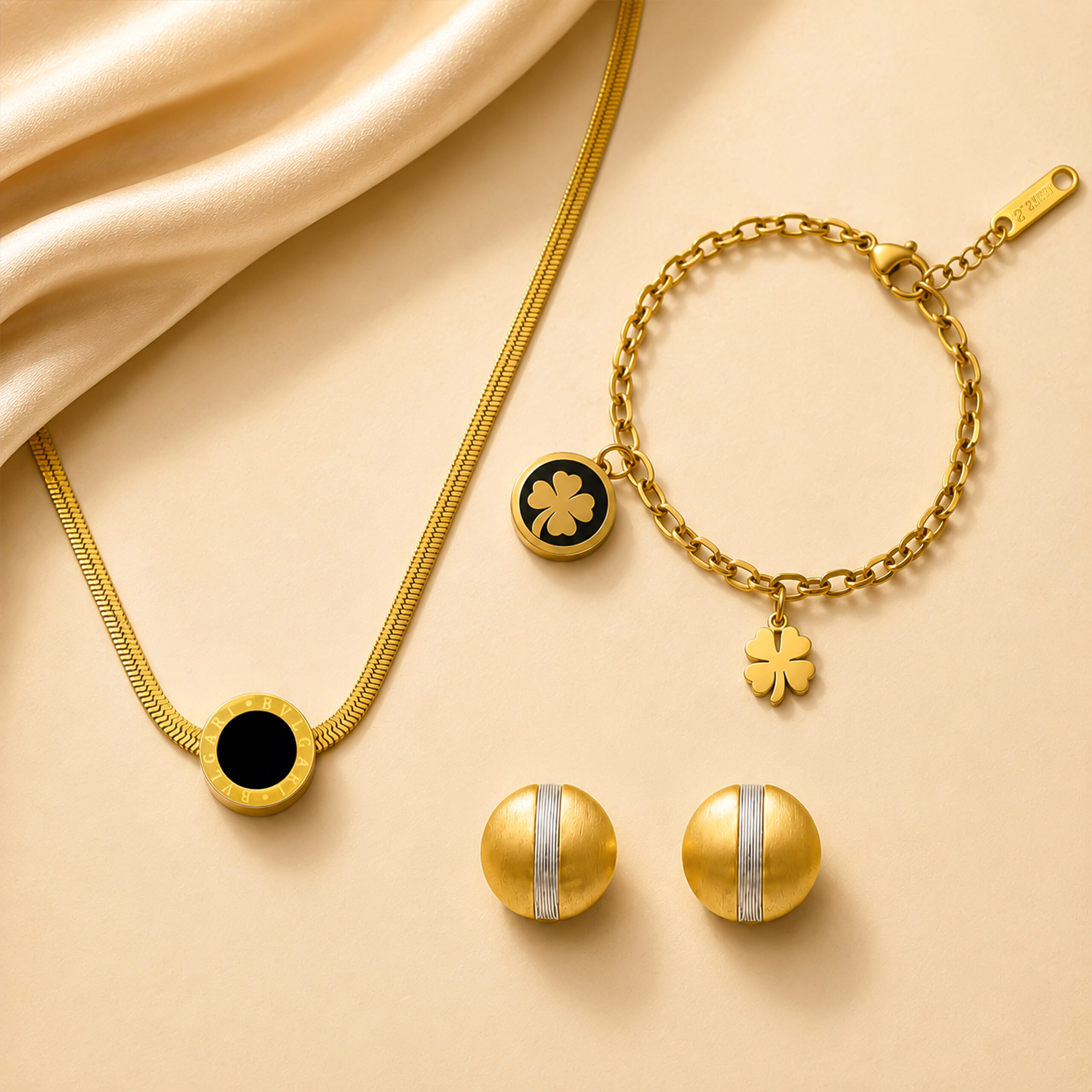 Medallion, Clover Anklet & Dome Stud Jewellery Trio