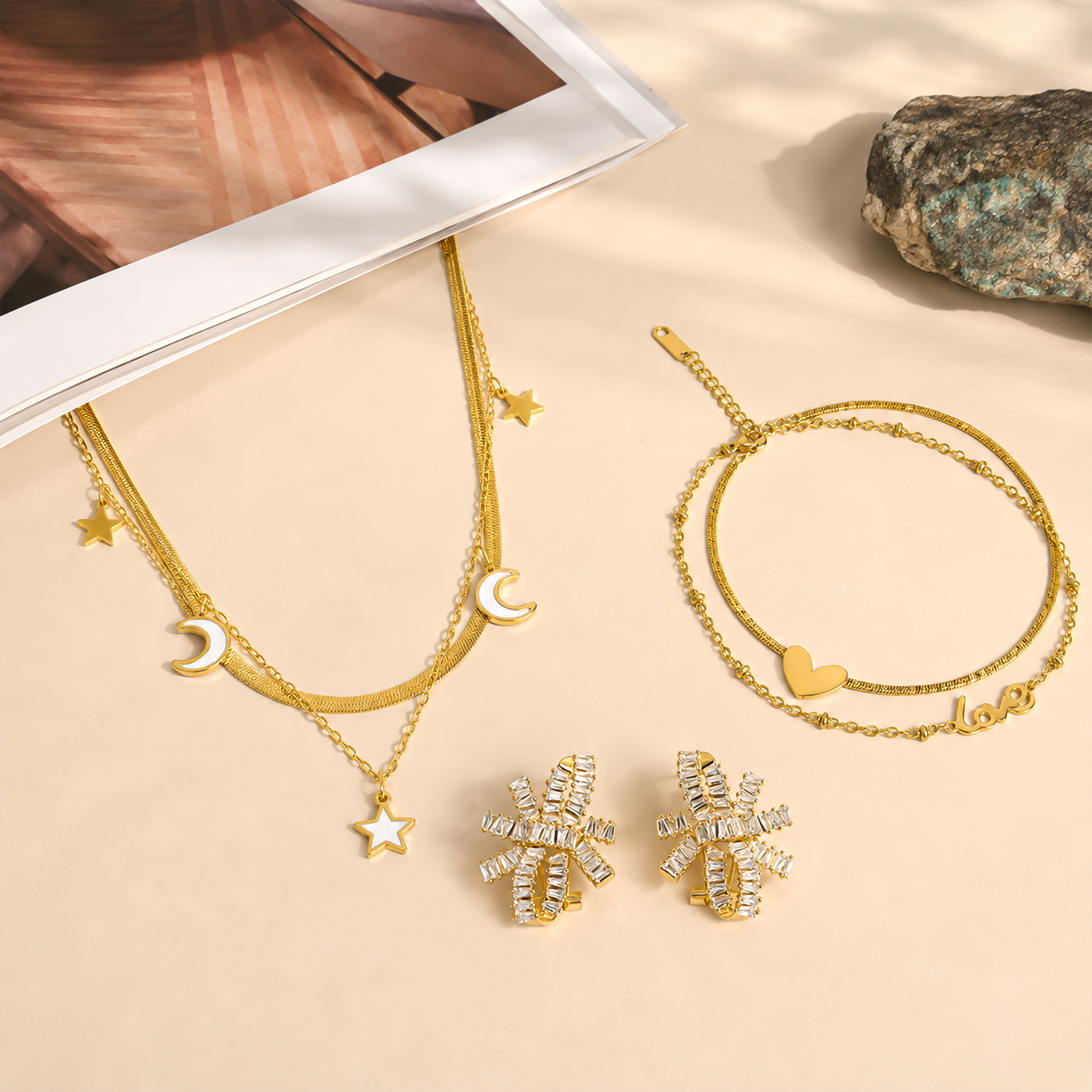 Celestial Necklace, Crystal Bow Earrings & Heart Anklet Trio
