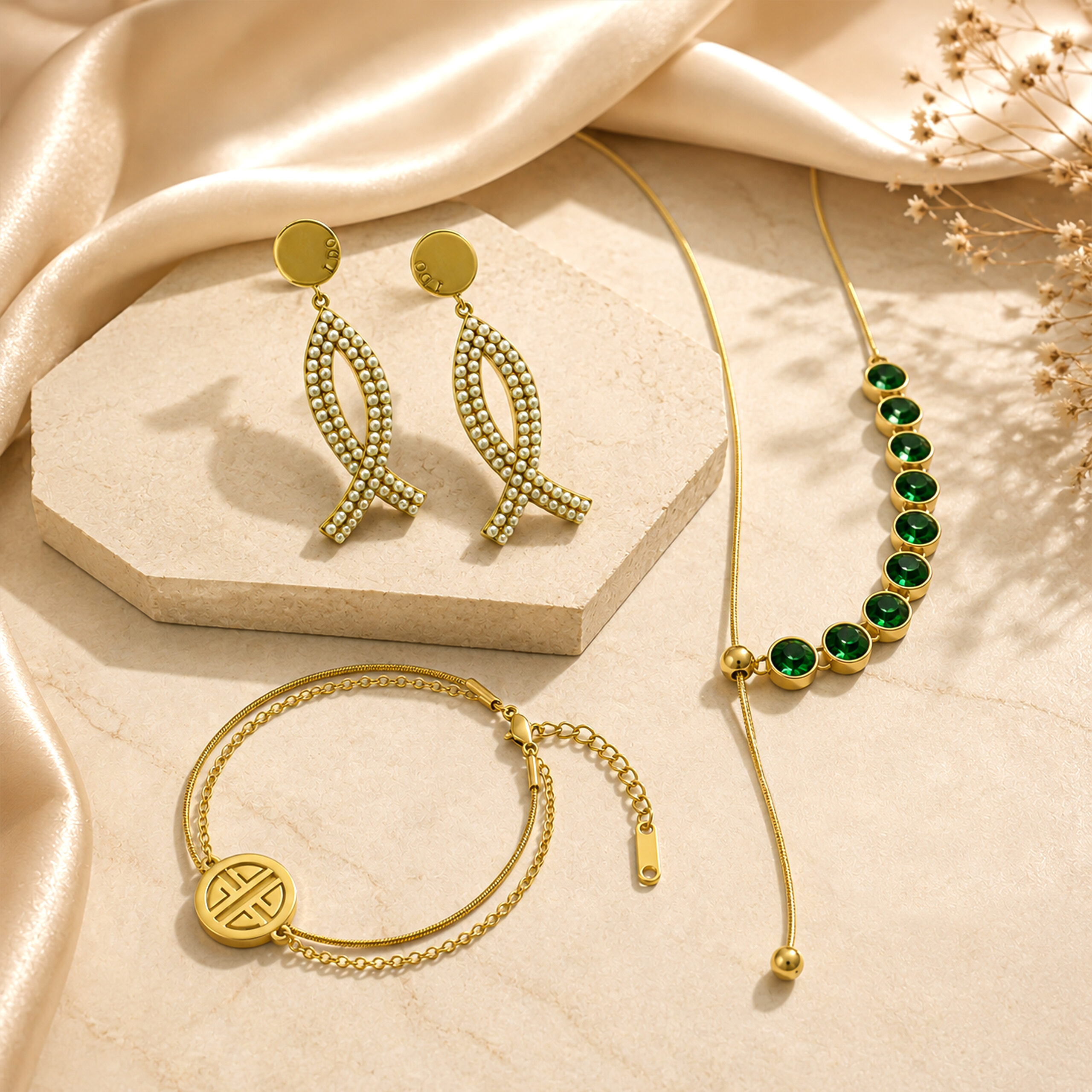 Emerald Crystal Lariat, Pearl Drop Earrings & Medallion Anklet Trio