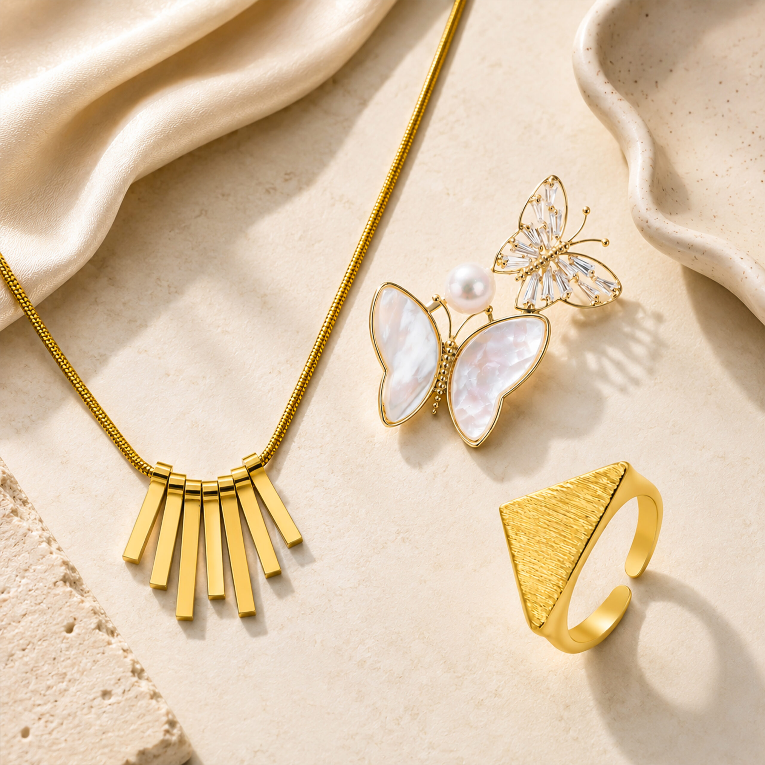 Gold Bar Fringe Necklace, Pearl Butterfly Brooch & Textured Ring Trio