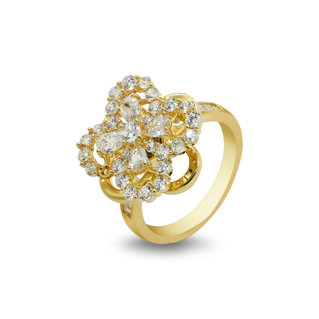 Gold Crystal Clover Ring